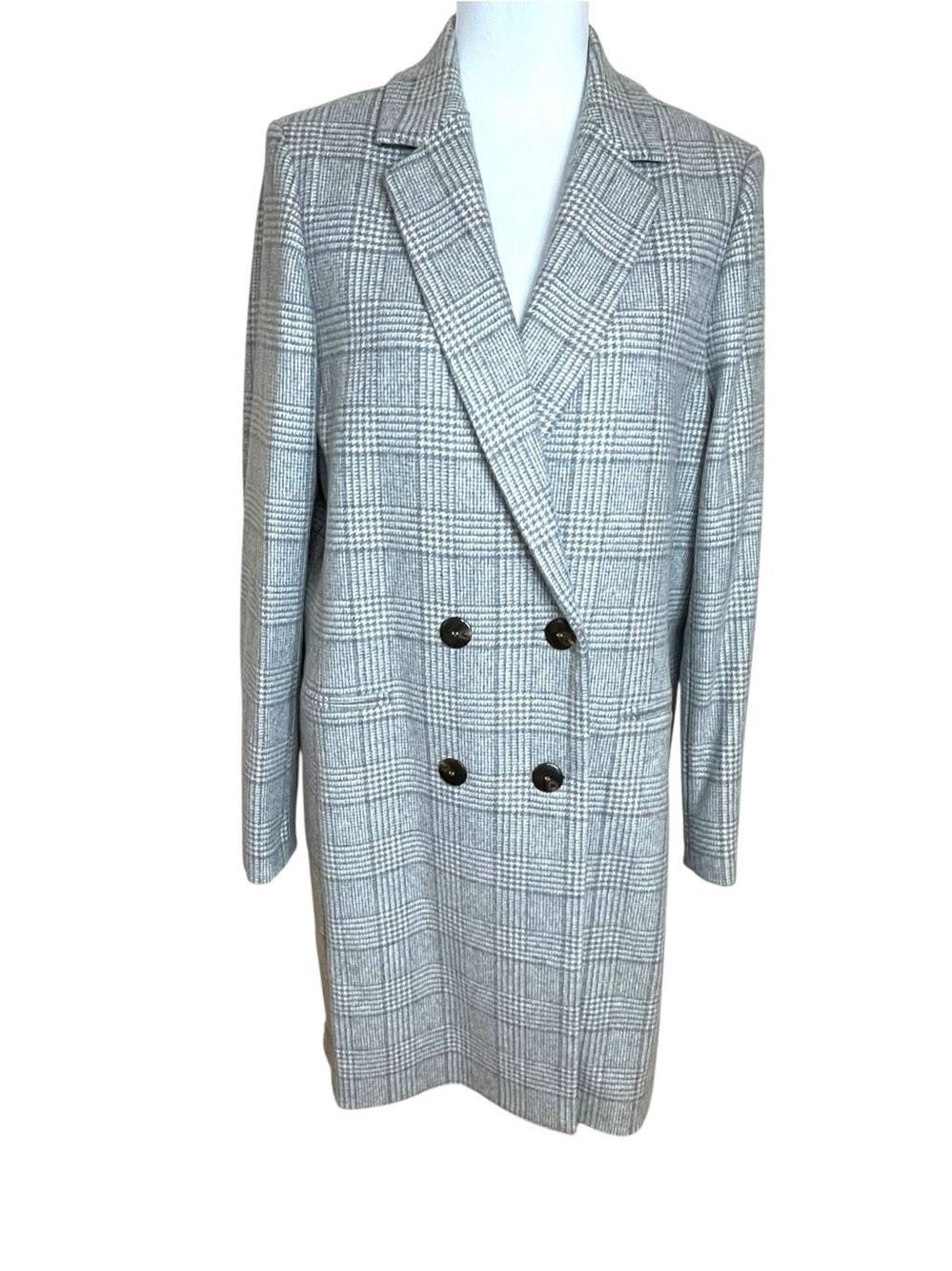 Sezane Johnson Wool Blend Double Breasted Pea Coat Gray Plaid Size 44 (US 12)